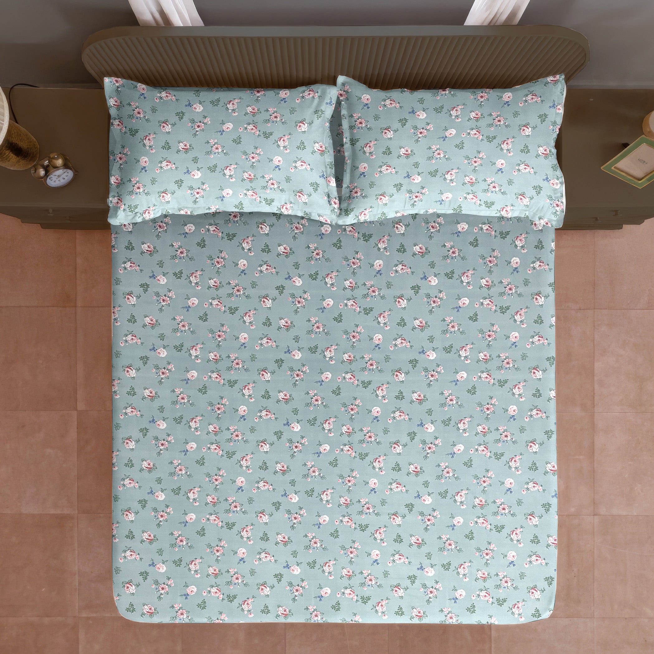 Rose Meadow Sage Green 200 TC Blended Cotton Bedsheet Set with Pillow Cover