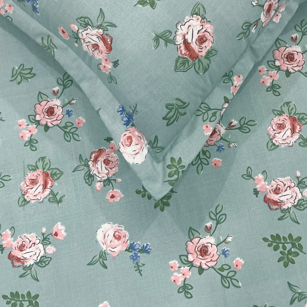 Rose Meadow Sage Green 200 TC Blended Cotton Bedsheet Set with Pillow Cover