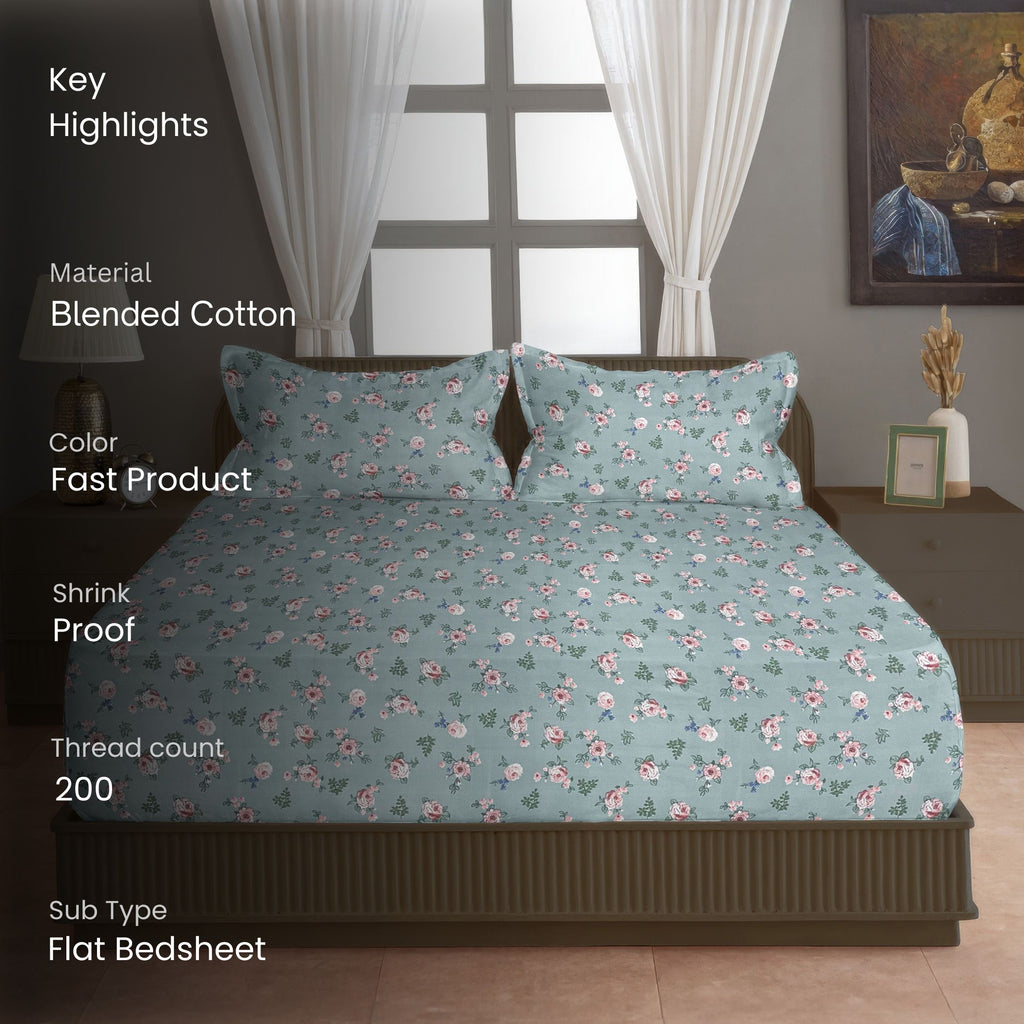 Rose Meadow Sage Green 200 TC Blended Cotton Bedsheet Set with Pillow Cover