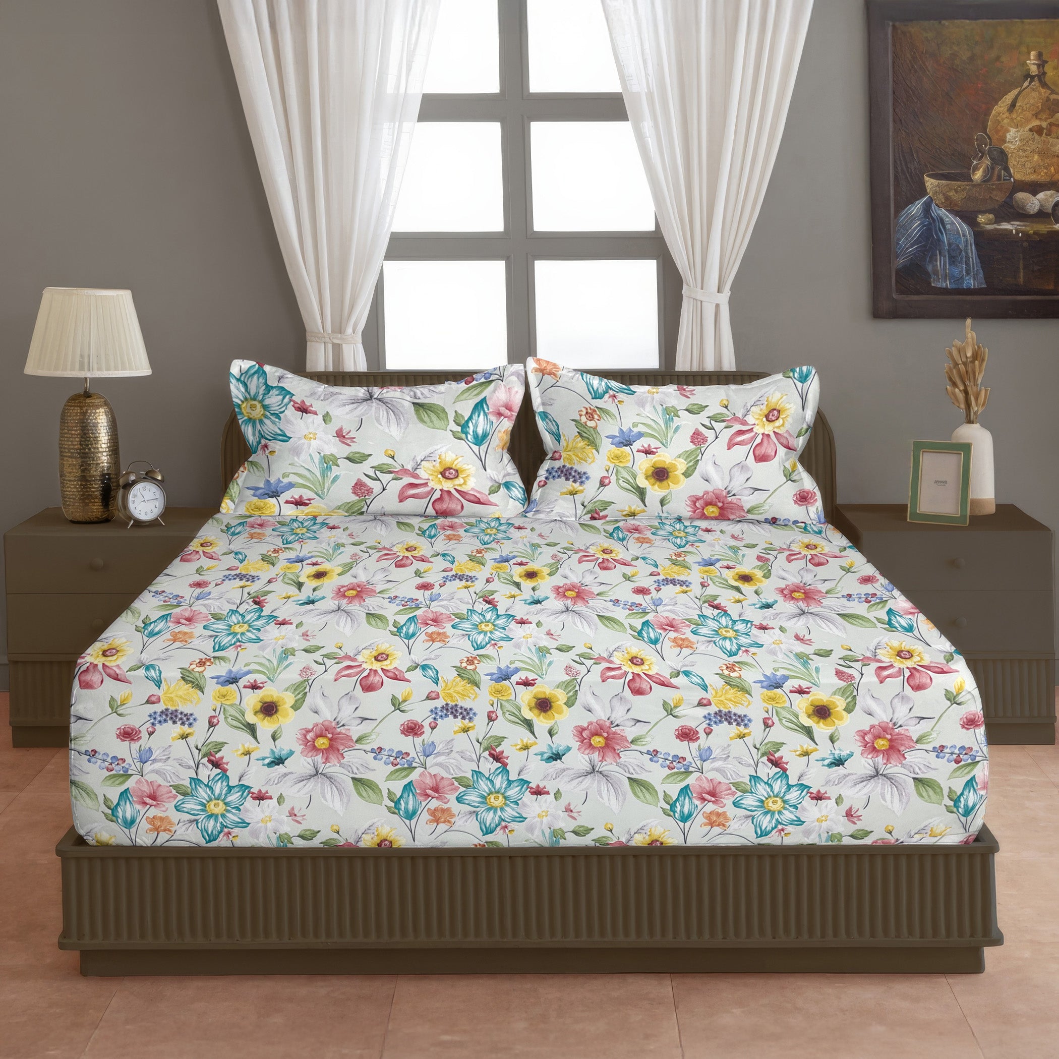 Botanical Bloom Multicolour 200 TC Blended Cotton Bedsheet Set with Pillow Cover