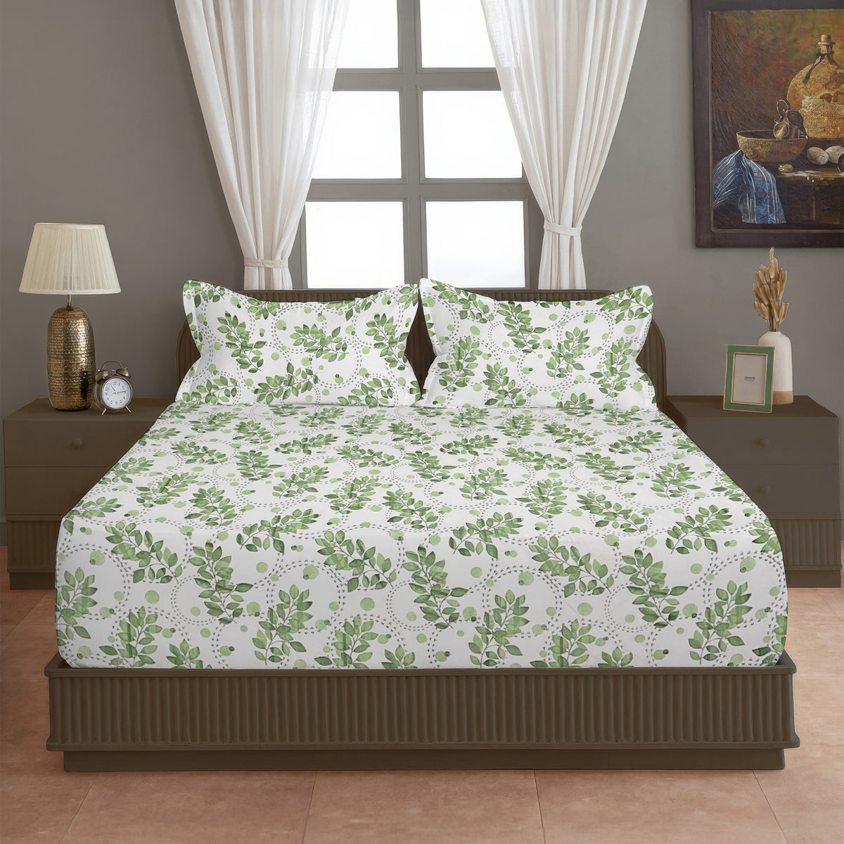 Ivory Green Leaf Trails 144 TC Pure Cotton Bedsheet Set with Pillow Cover