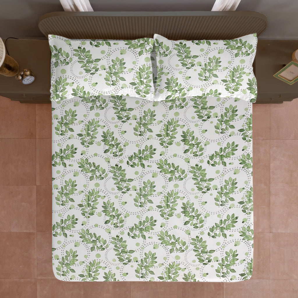 Ivory Green Leaf Trails 144 TC Pure Cotton Bedsheet Set with Pillow Cover