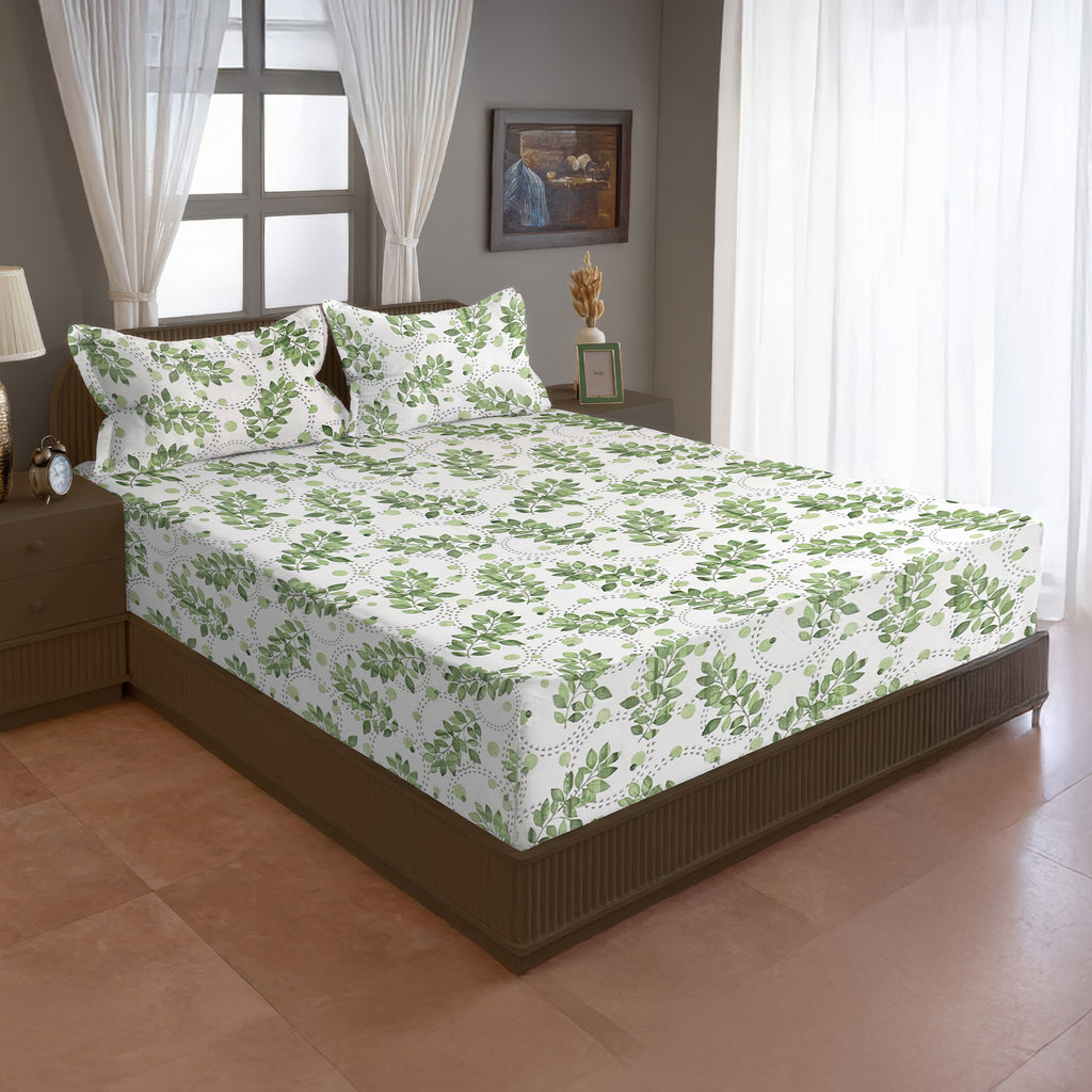 Ivory Green Leaf Trails 144 TC Pure Cotton Bedsheet Set with Pillow Cover