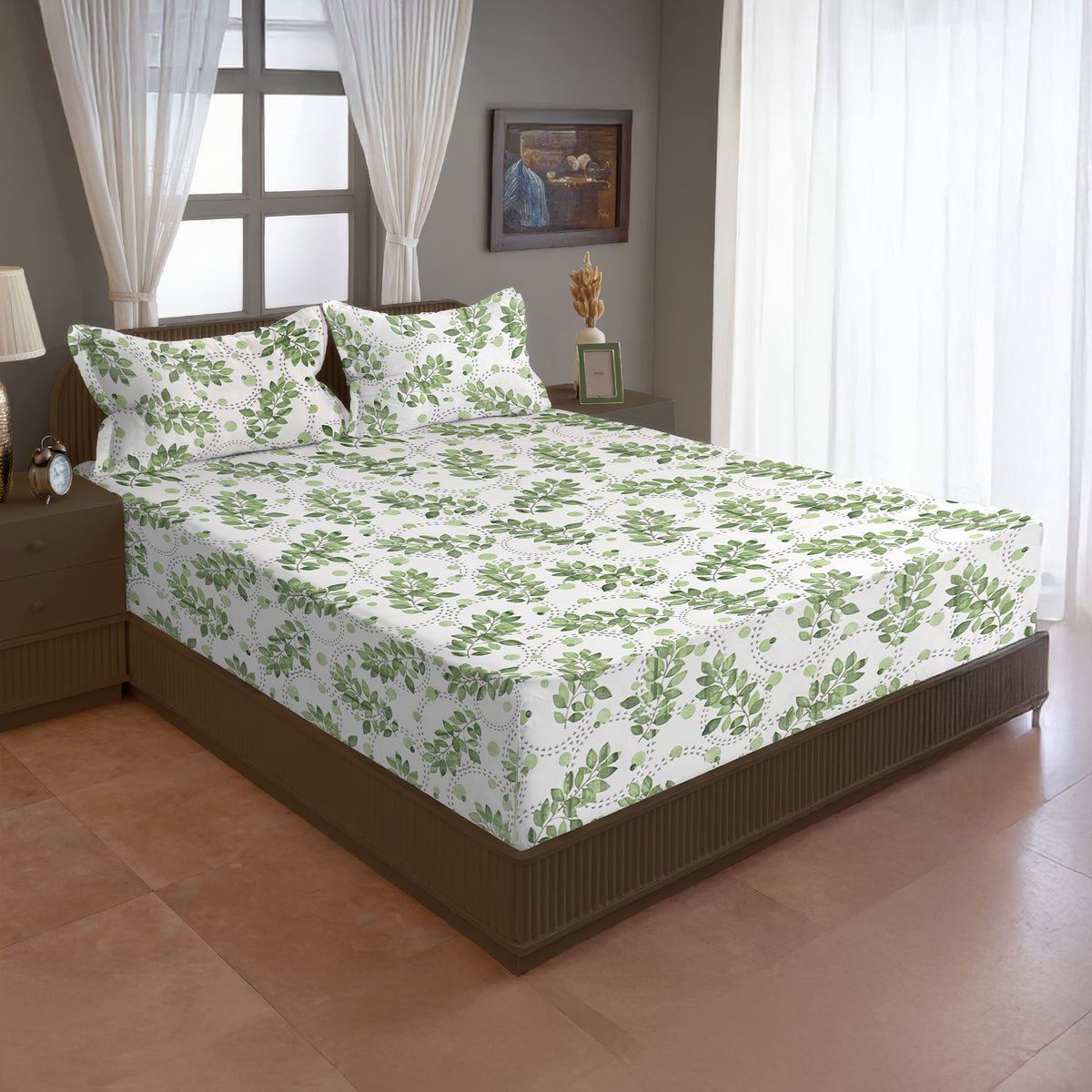 Ivory Green Leaf Trails 144 TC Pure Cotton Bedsheet Set with Pillow Cover
