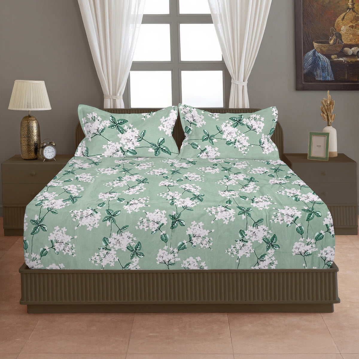 Mint Blossom Trails 144 TC Pure Cotton Bedsheet Set with Pillow Cover