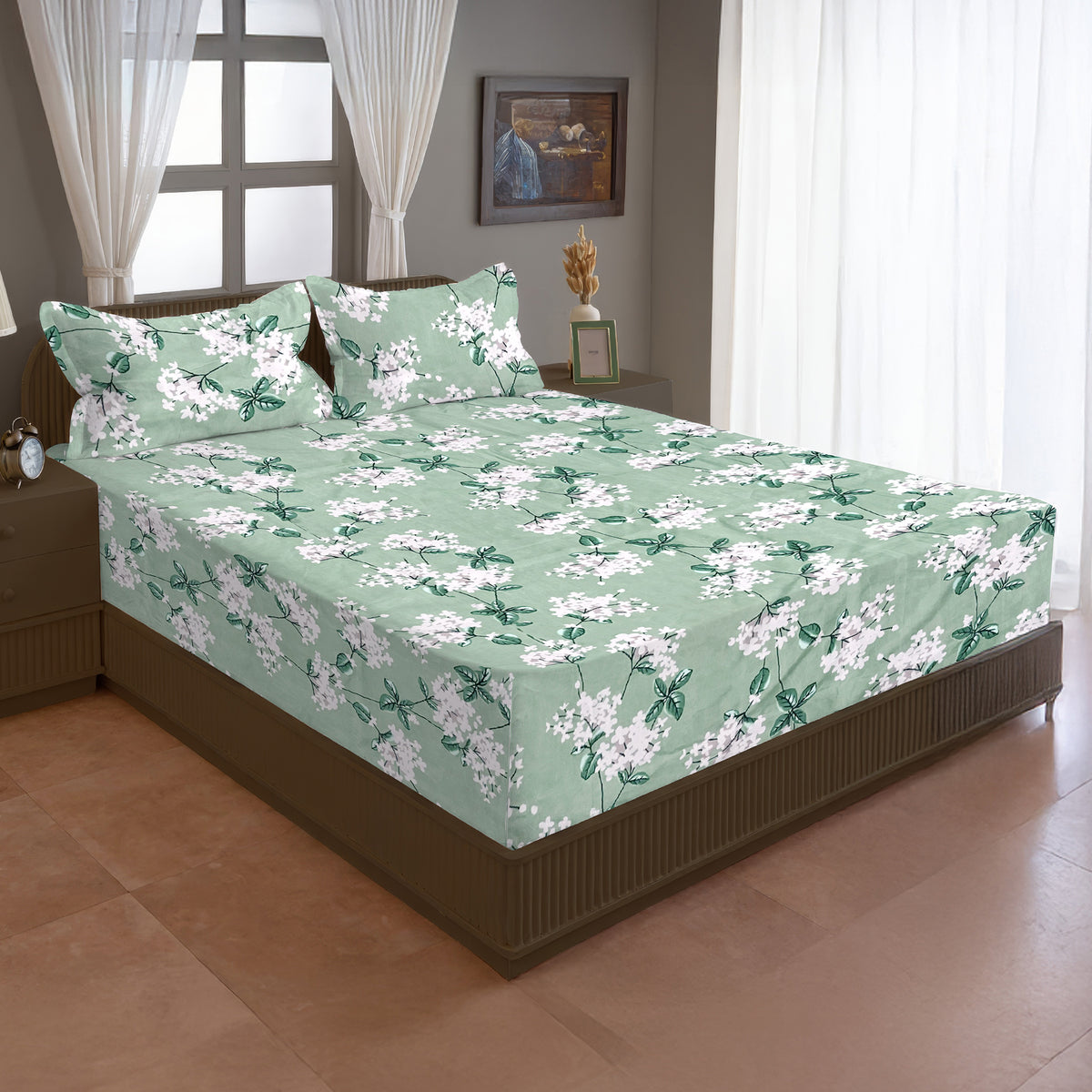 Mint Blossom Trails 144 TC Pure Cotton Bedsheet Set with Pillow Cover