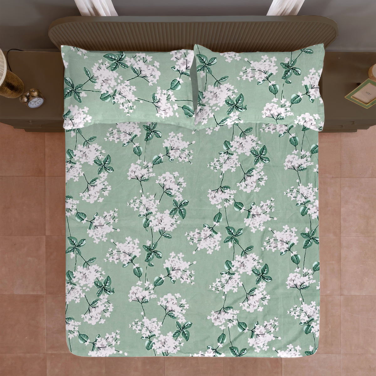Mint Blossom Trails 144 TC Pure Cotton Bedsheet Set with Pillow Cover