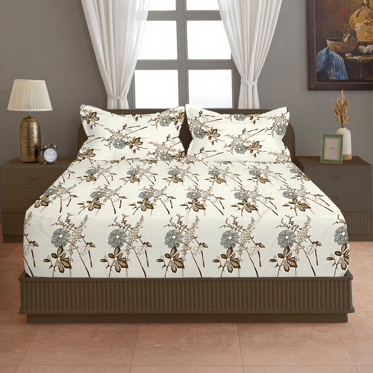 Ivory Meadow Sketch 144 TC Pure Cotton Bedsheet Set with Pillow Cover