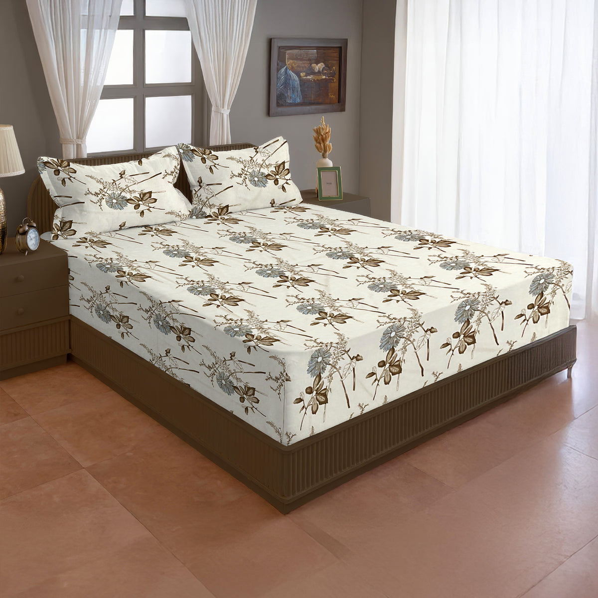 Ivory Meadow Sketch 144 TC Pure Cotton Bedsheet Set with Pillow Cover