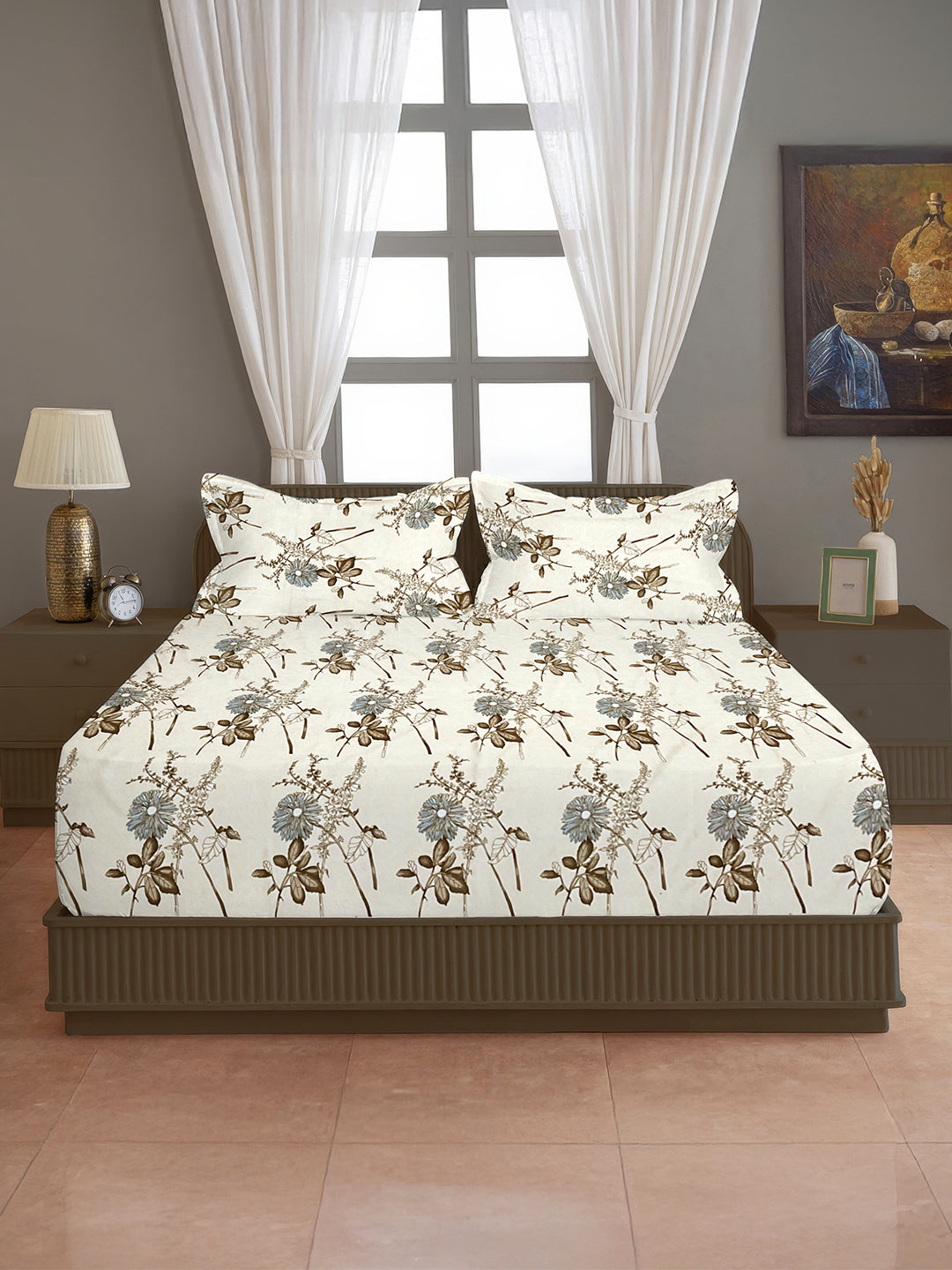 Ivory Meadow Sketch 144 TC Pure Cotton Bedsheet Set with Pillow Cover