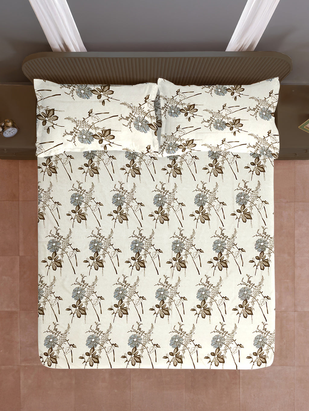 Ivory Meadow Sketch 144 TC Pure Cotton Bedsheet Set with Pillow Cover