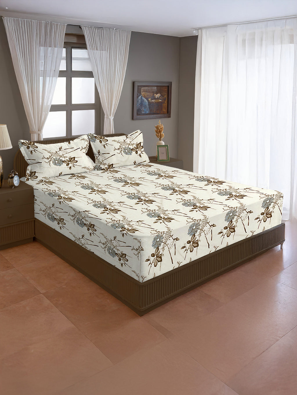Ivory Meadow Sketch 144 TC Pure Cotton Bedsheet Set with Pillow Cover