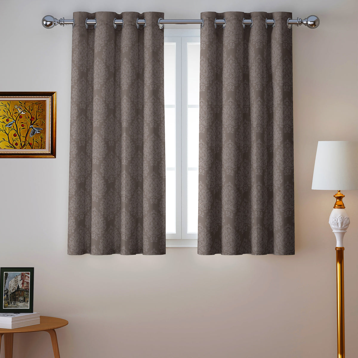 Chocolate Brown Ornamental Scrolls 250 GSM Polyester 100% Blackout Eyelet Curtain