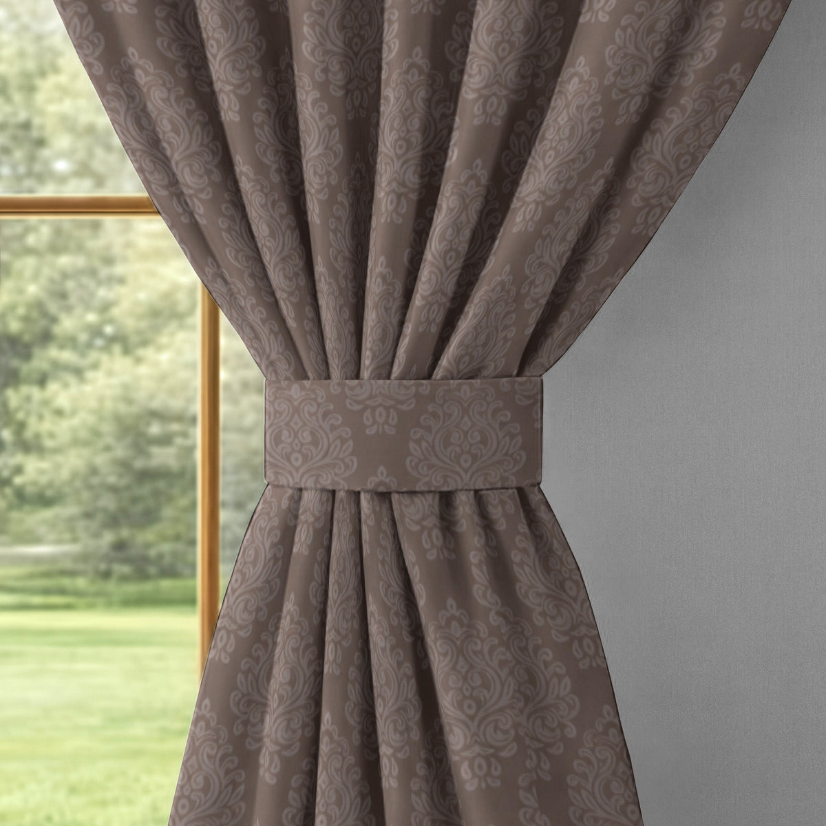 Chocolate Brown Ornamental Scrolls 250 GSM Polyester 100% Blackout Eyelet Curtain