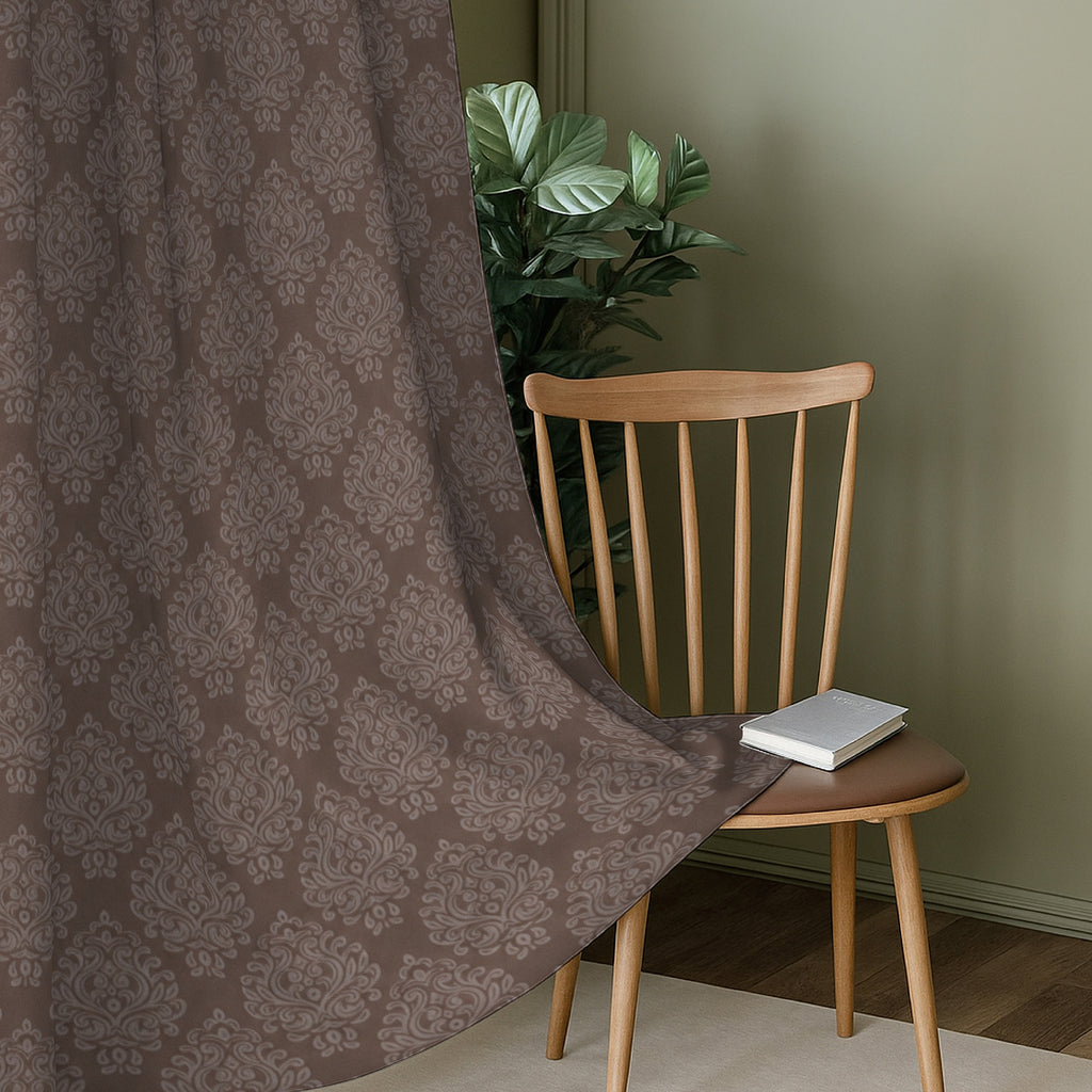 Chocolate Brown Ornamental Scrolls 250 GSM Polyester 100% Blackout Eyelet Curtain