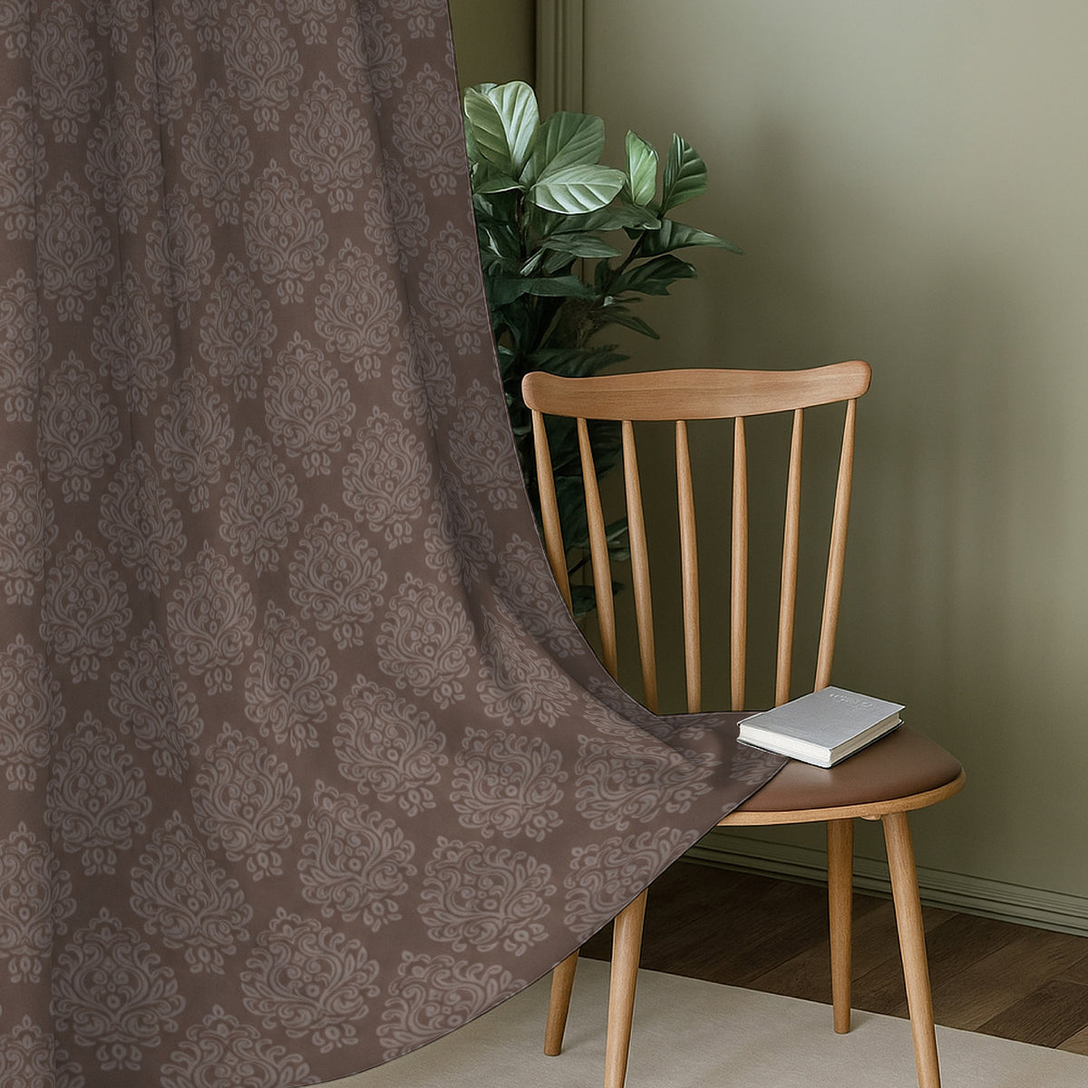 Chocolate Brown Ornamental Scrolls 250 GSM Polyester 100% Blackout Eyelet Curtain