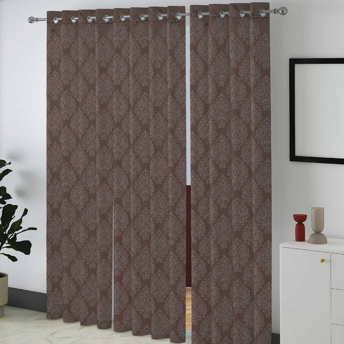 Chocolate Brown Ornamental Scrolls 250 GSM Polyester 100% Blackout Eyelet Curtain