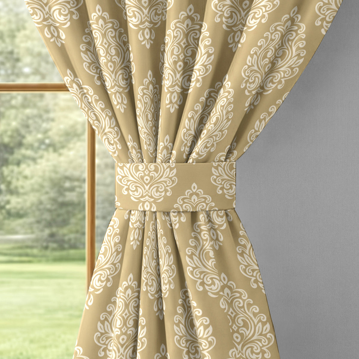 Champagne Ornamental Scrolls 250 GSM Polyester 100% Blackout Eyelet Curtain