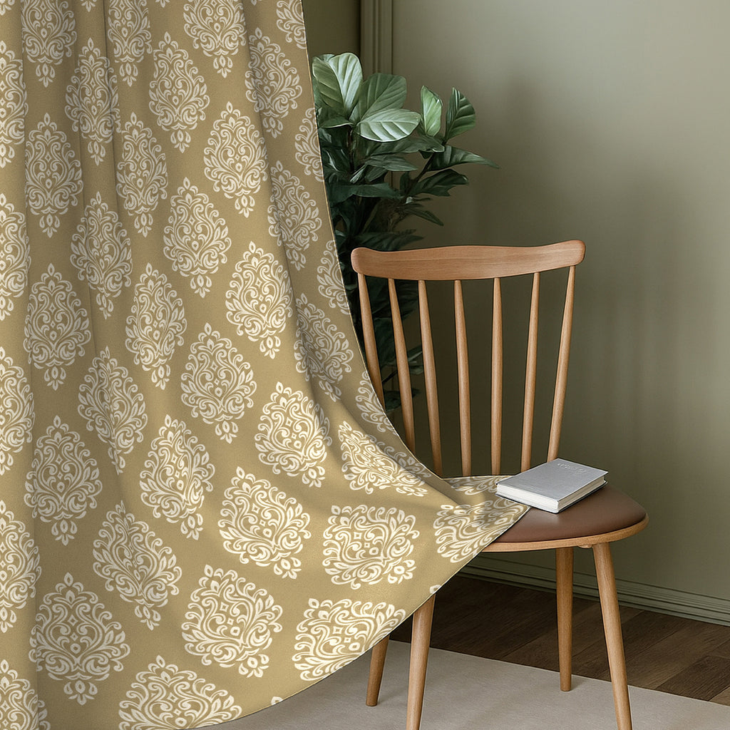 Champagne Ornamental Scrolls 250 GSM Polyester 100% Blackout Eyelet Curtain