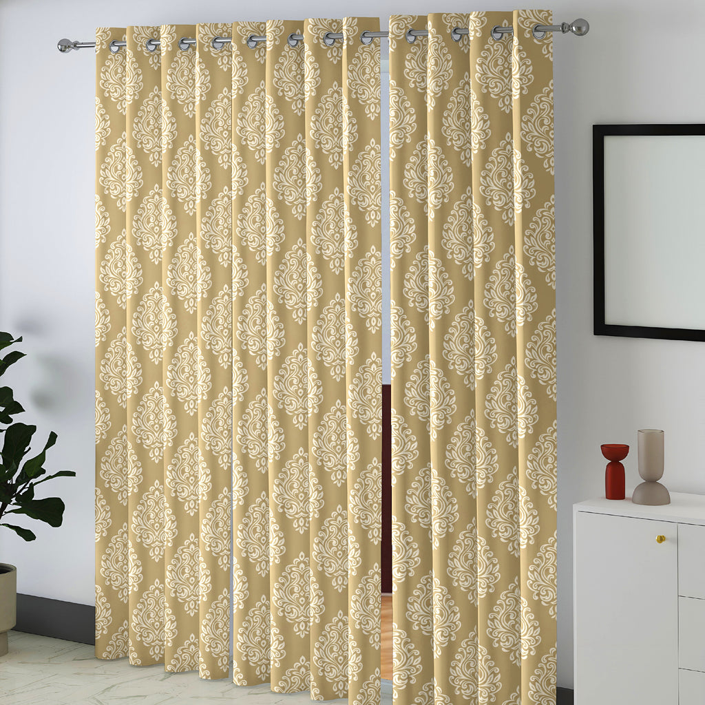 Champagne Ornamental Scrolls 250 GSM Polyester 100% Blackout Eyelet Curtain