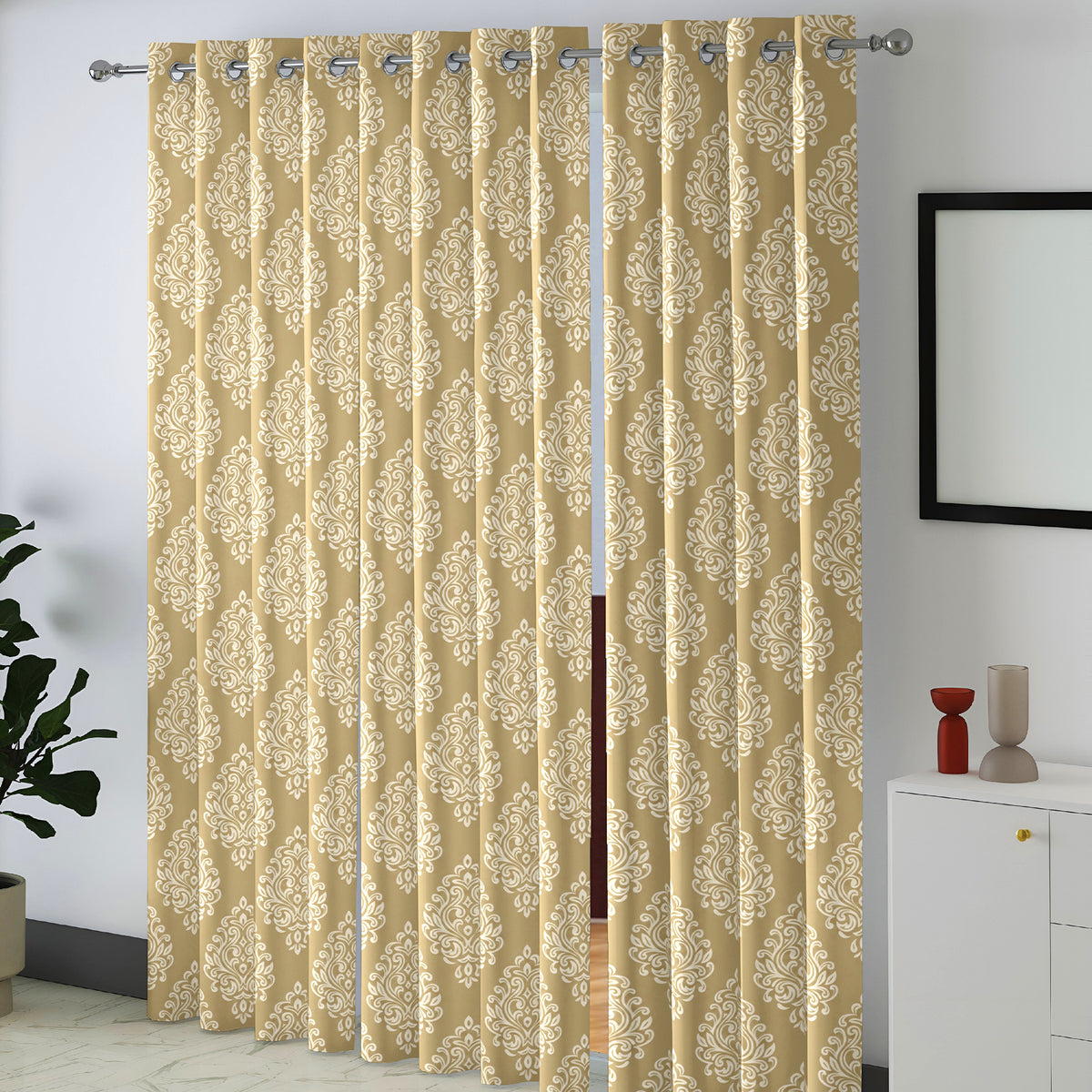 Champagne Ornamental Scrolls 250 GSM Polyester 100% Blackout Eyelet Curtain