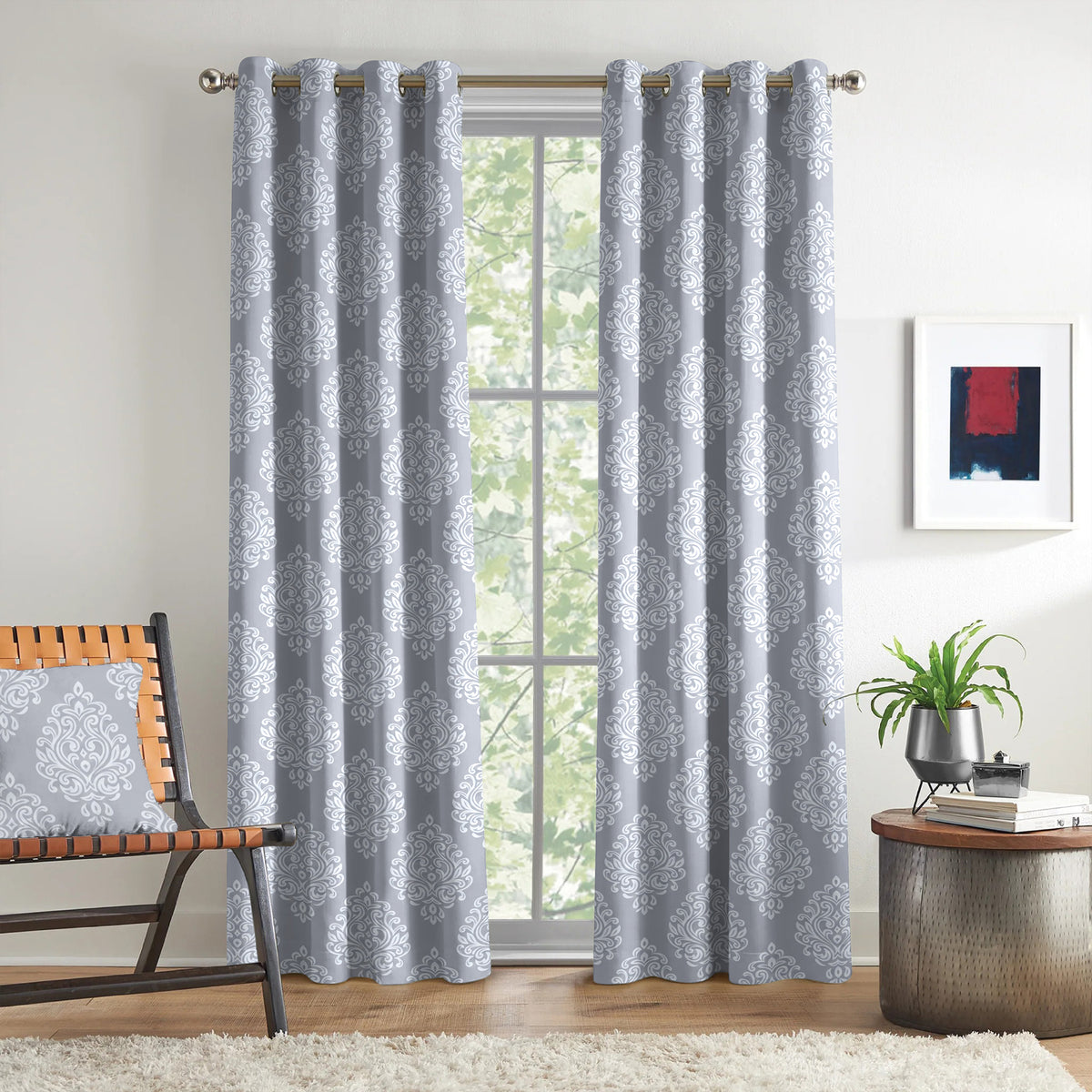 Charcoal Grey Tonal Damask 250 GSM Polyester 100% Blackout Eyelet Curtain