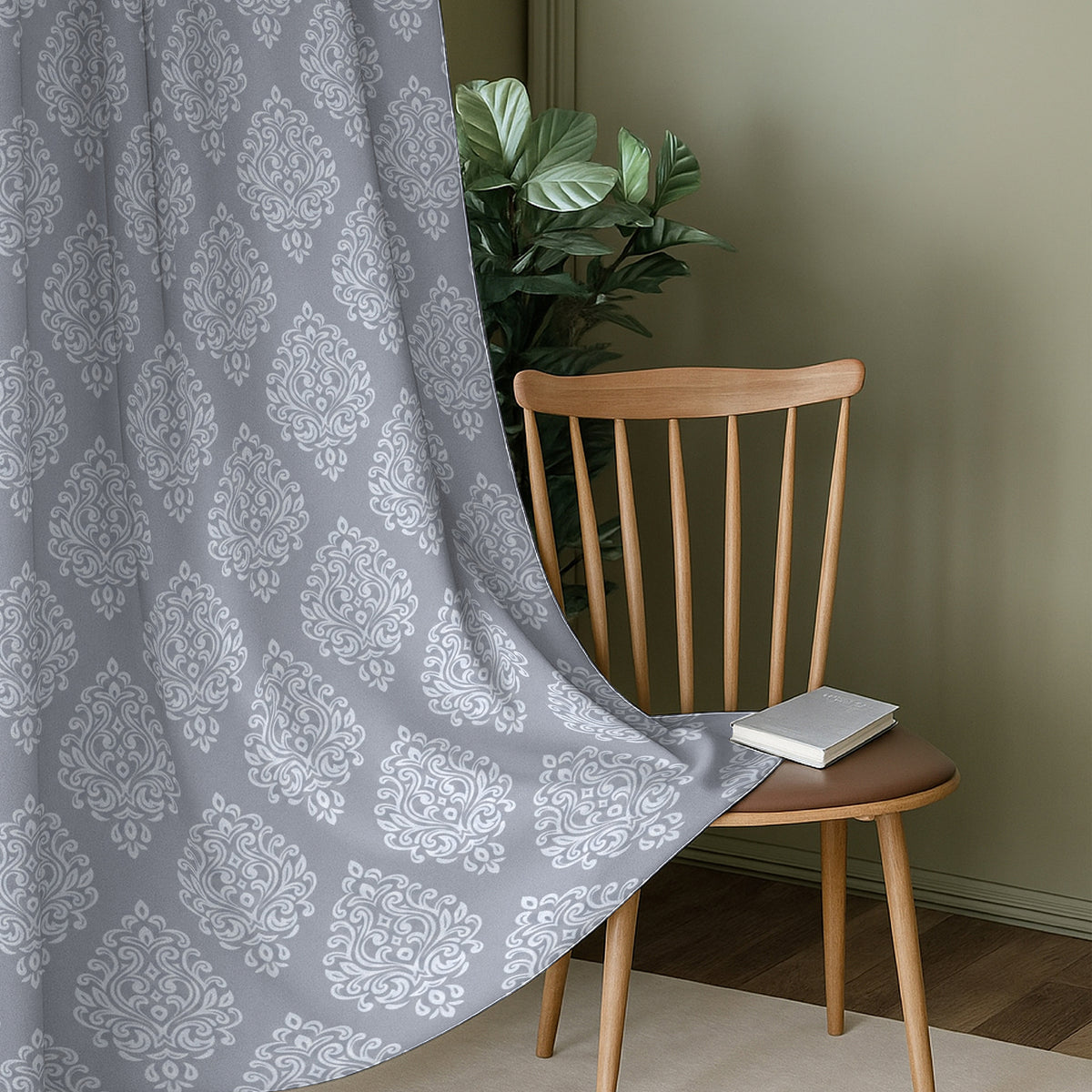Charcoal Grey Tonal Damask 250 GSM Polyester 100% Blackout Eyelet Curtain