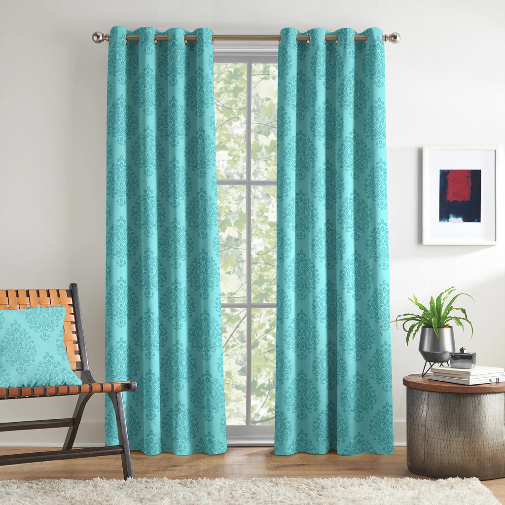Teal Tonal Damask 250 GSM Polyester 100% Blackout Eyelet Curtain