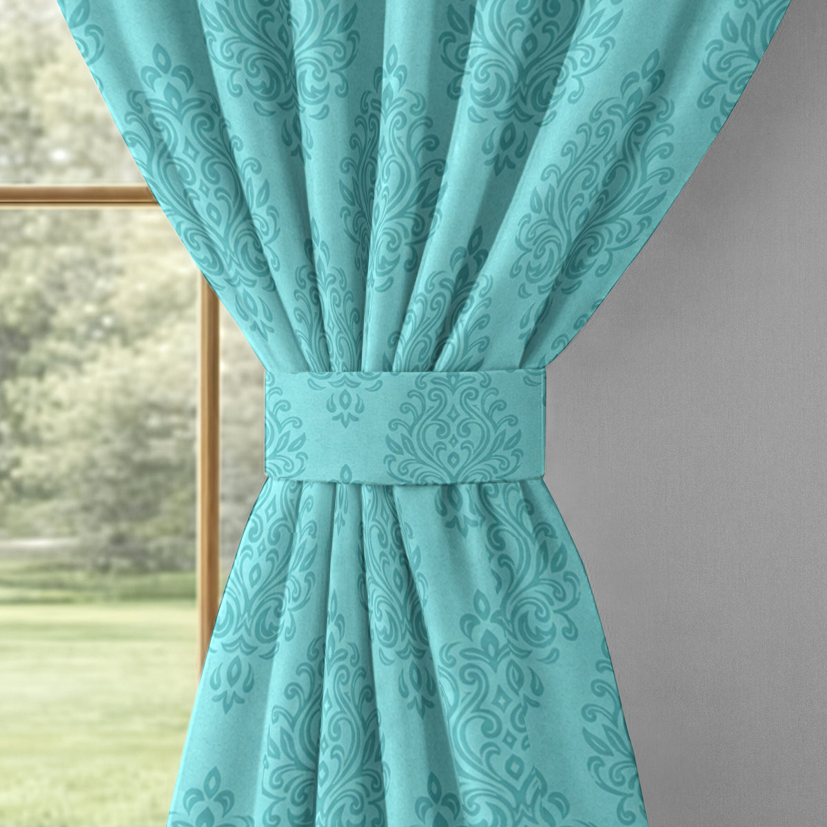 Teal Tonal Damask 250 GSM Polyester 100% Blackout Eyelet Curtain
