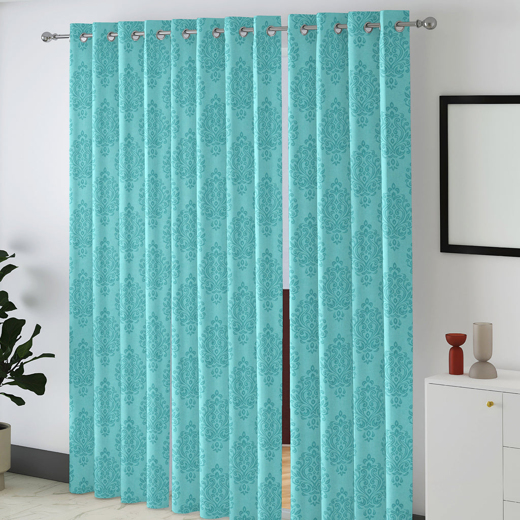 Teal Tonal Damask 250 GSM Polyester 100% Blackout Eyelet Curtain