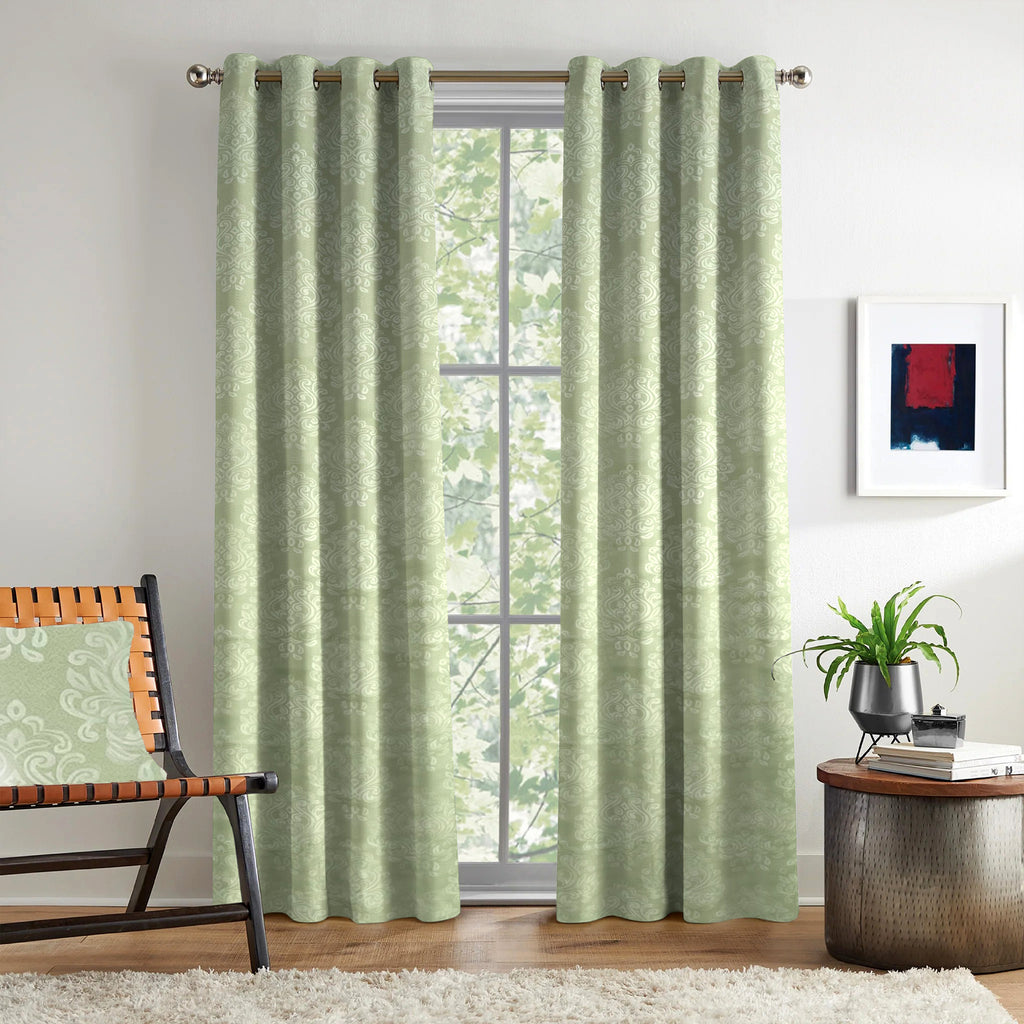 Sage Green Ornamental Scrolls 250 GSM Polyester 100% Blackout Eyelet Curtain