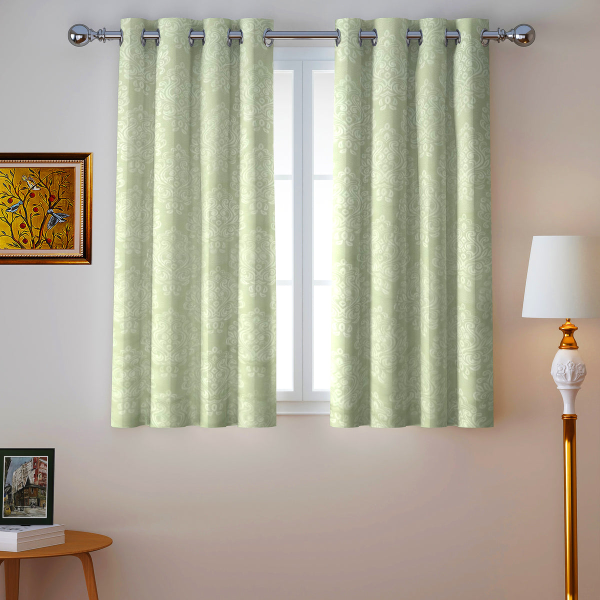 Sage Green Ornamental Scrolls 250 GSM Polyester 100% Blackout Eyelet Curtain