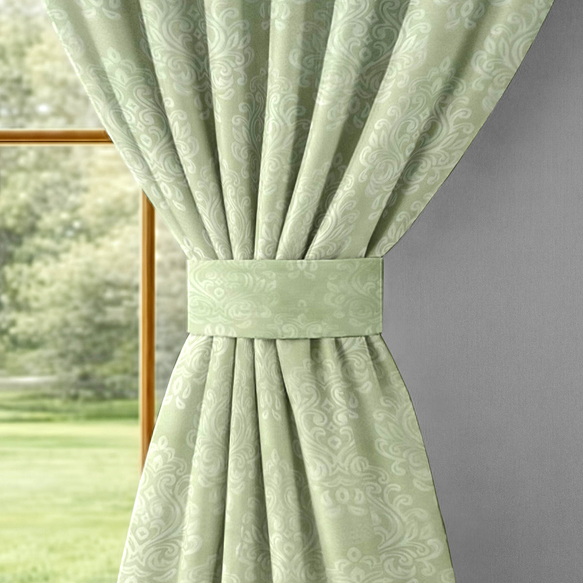 Sage Green Ornamental Scrolls 250 GSM Polyester 100% Blackout Eyelet Curtain