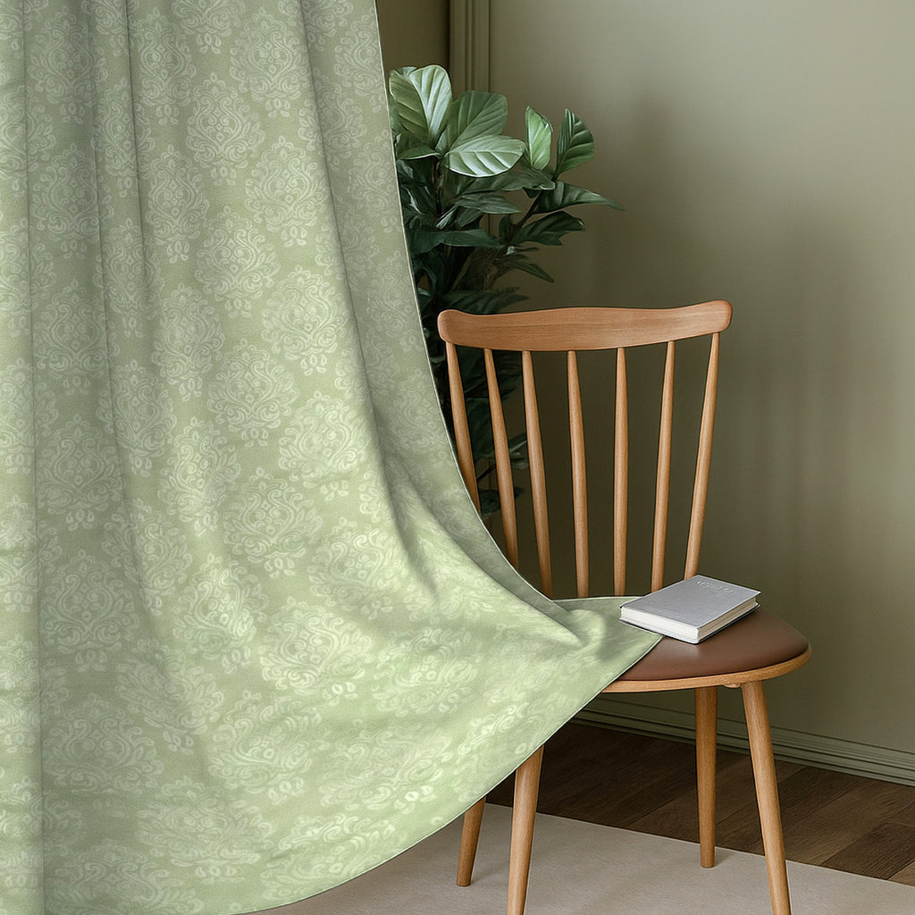 Sage Green Ornamental Scrolls 250 GSM Polyester 100% Blackout Eyelet Curtain