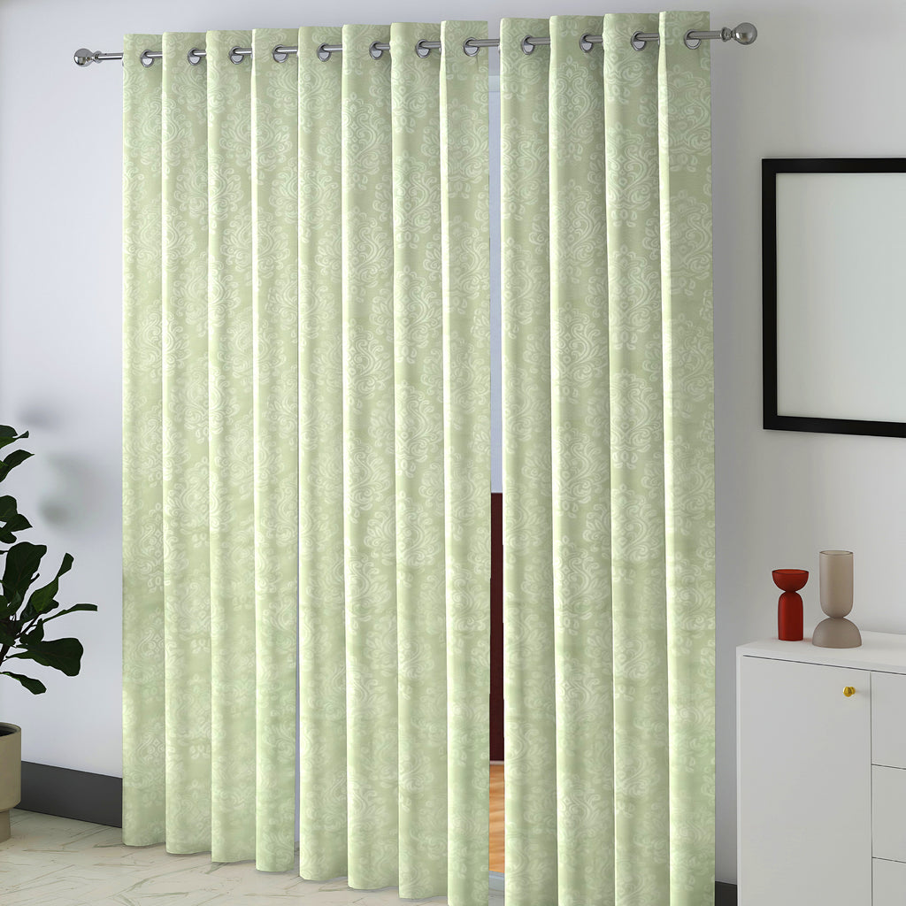 Sage Green Ornamental Scrolls 250 GSM Polyester 100% Blackout Eyelet Curtain