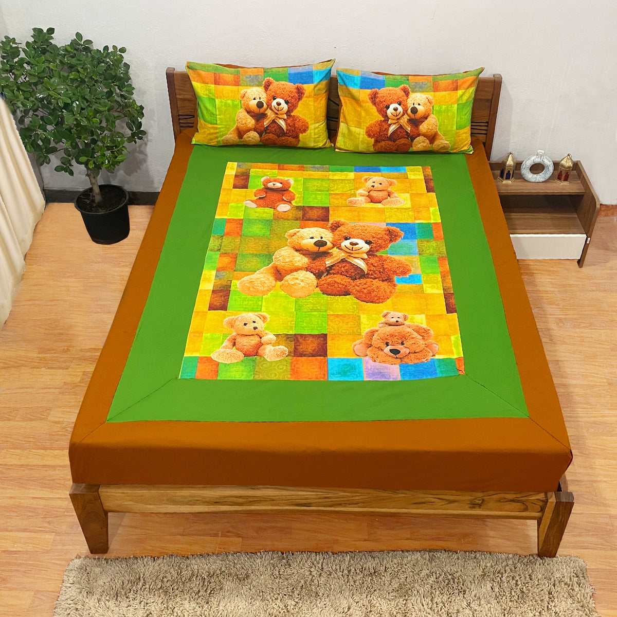 Teddy Colour Blocks 144 TC Pure Cotton Bedsheet Set with Pillow Cover