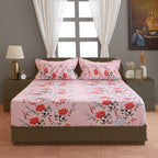 Pink Floral Print Pure Cotton 120 TC King Fitted Bedsheet with 2 Pillow Covers (72x78x10 Inches)