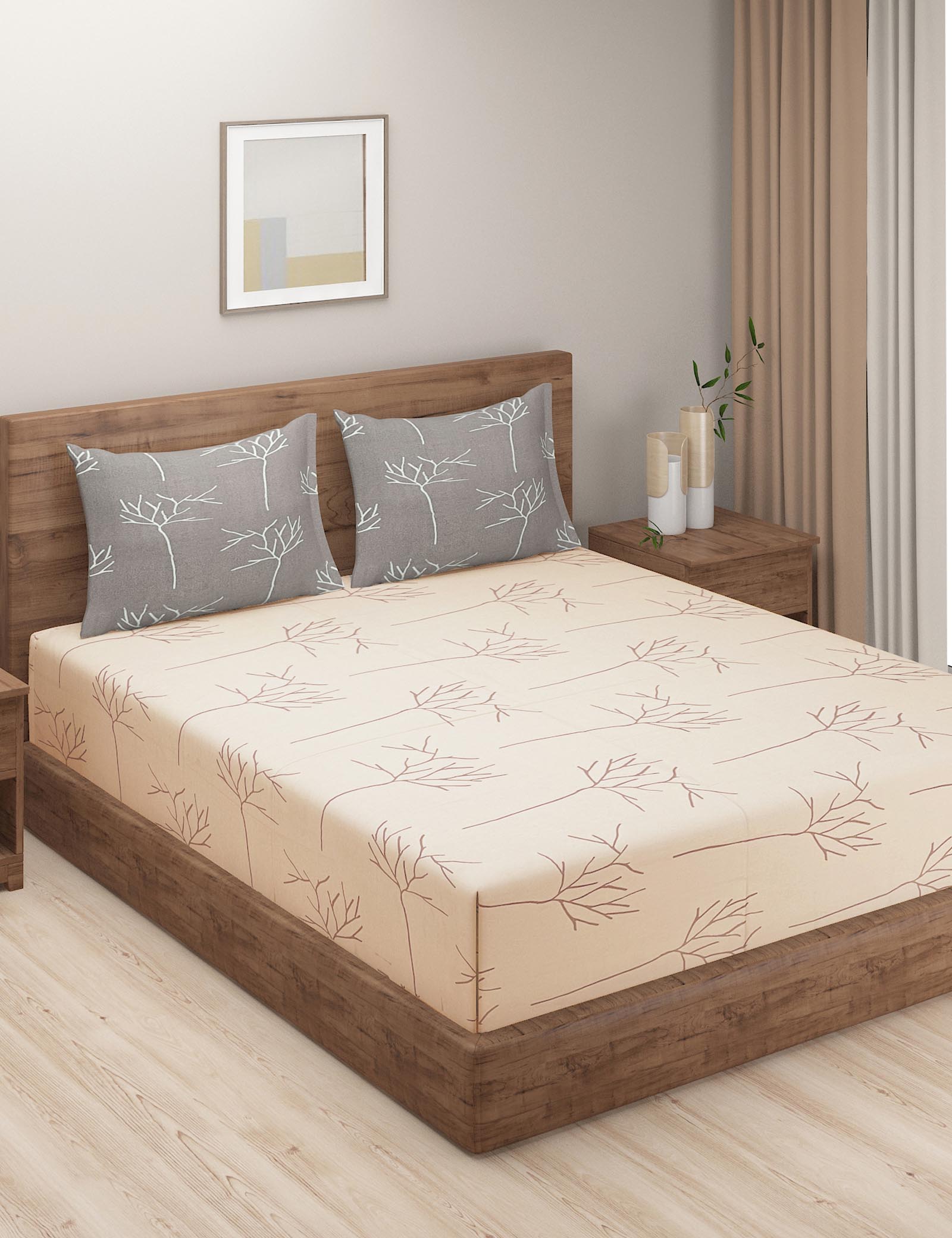 Twig Print Cotton King Fitted Bedsheet in Beige & Brown (72x78x10 Inches)