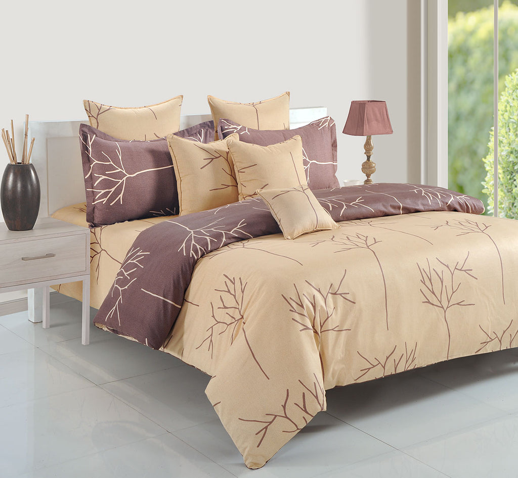 Twig Print Cotton King Fitted Bedsheet in Beige & Brown (72x78x10 Inches)