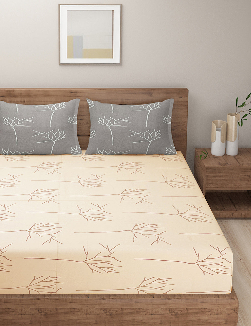 Twig Print Cotton King Fitted Bedsheet in Beige & Brown (72x78x10 Inches)