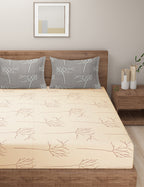 Twig Print Cotton King Fitted Bedsheet in Beige & Brown (72x78x10 Inches)