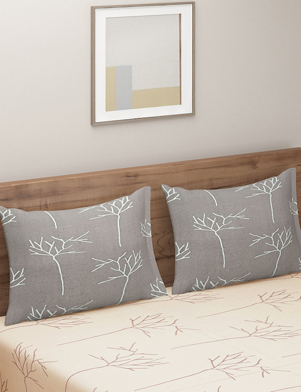 Twig Print Cotton King Fitted Bedsheet in Beige & Brown (72x78x10 Inches)