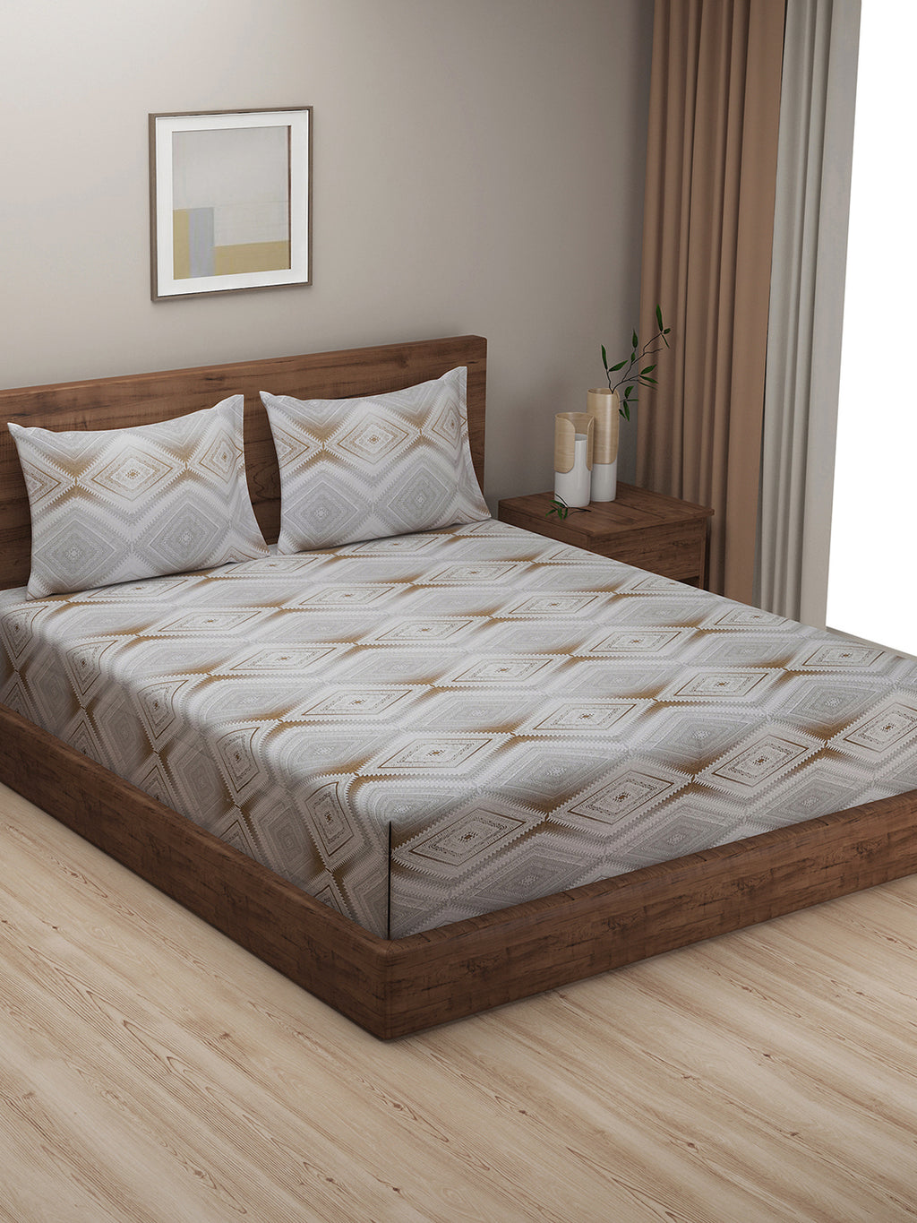 Elegant Grey Diamond Geometric Pure Cotton 210 TC King Fitted Bedsheet with 2 Pillow Covers (72x78x10 Inches)