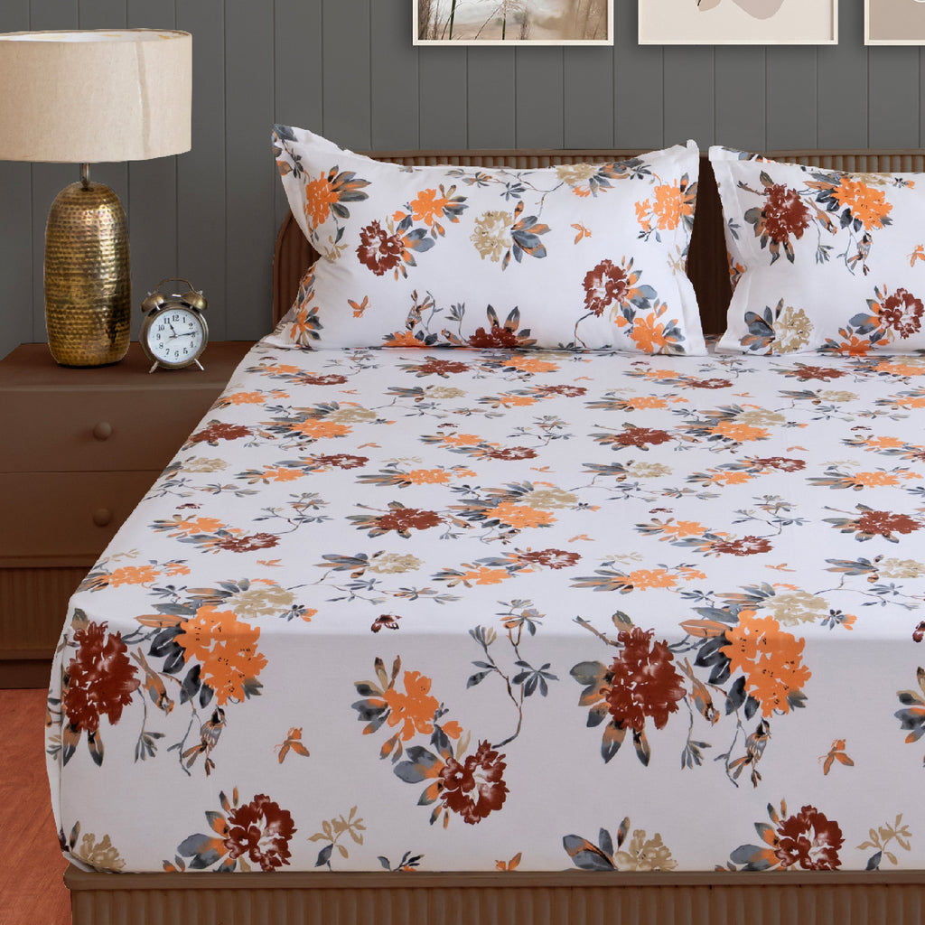 Grey Floral Vine Pure Cotton 210 TC Double King Bedsheet with 2 Pillow Covers (90x108 Inches)