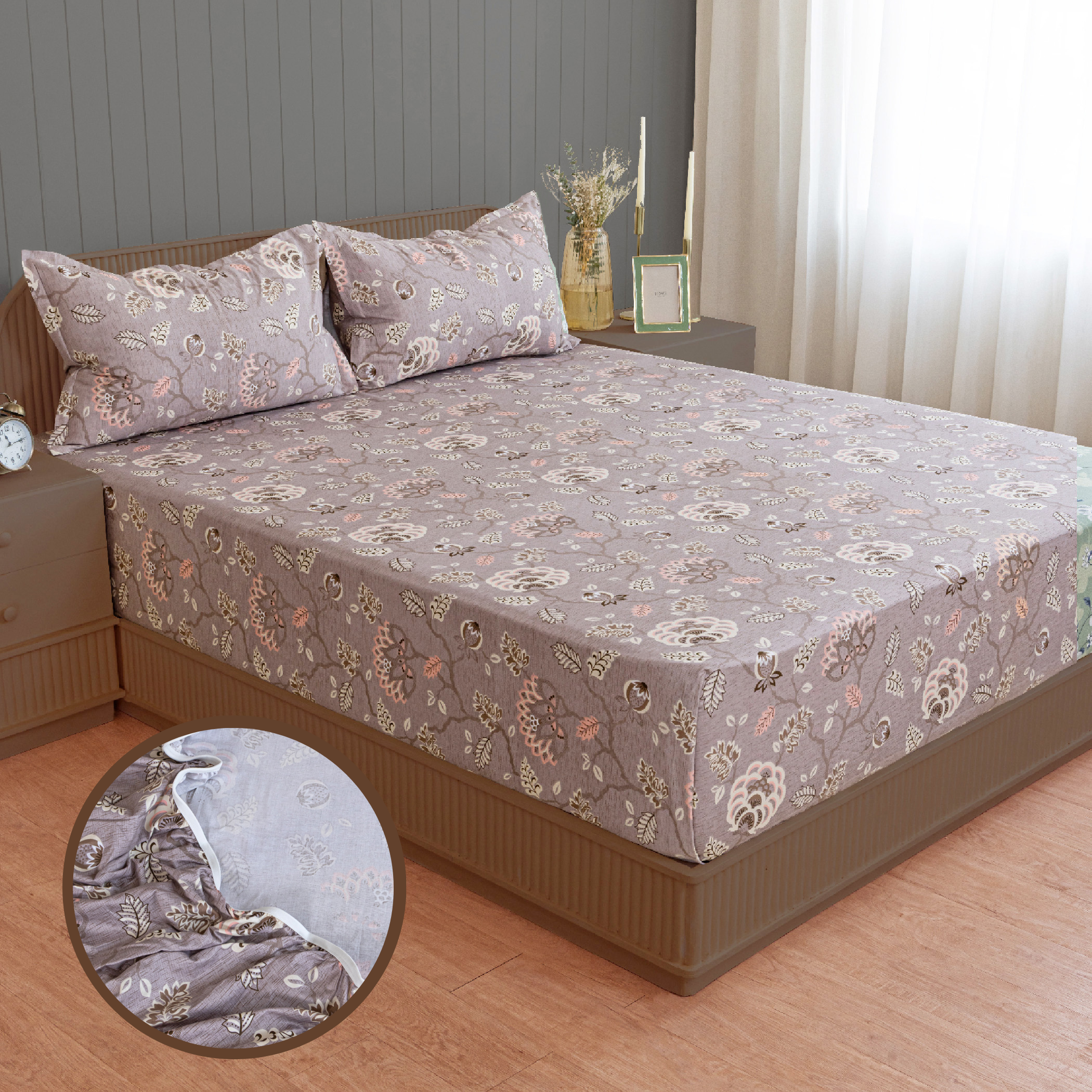 Elegant Grey Floral Pure Cotton 210 TC King Fitted Bedsheet with 2 Pillow Covers (72x78x10 Inches)