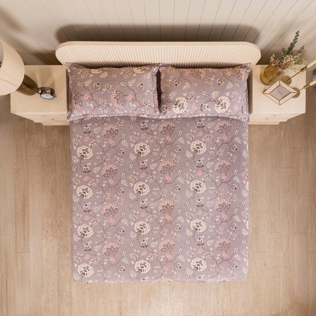 Elegant Grey Floral Pure Cotton 210 TC King Fitted Bedsheet with 2 Pillow Covers (72x78x10 Inches)