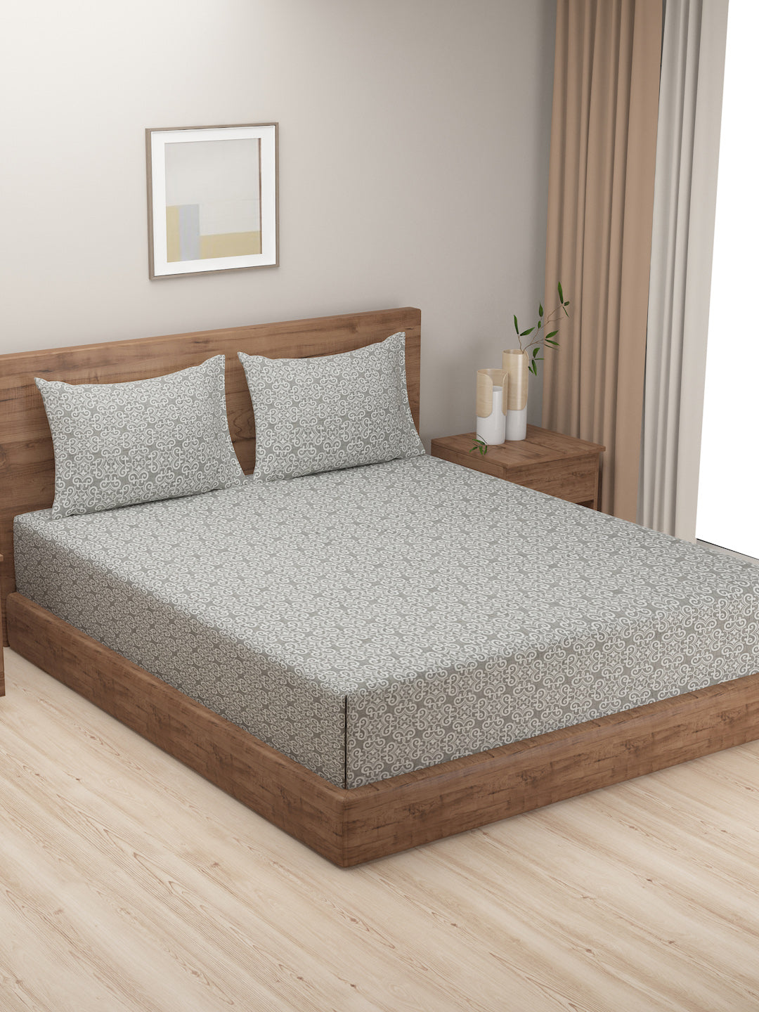 Ornamental Swirl Grey 210 TC Pure Cotton King Fitted Bedsheet with 2 Pillow Covers (72 x 78 x 10 Inches)