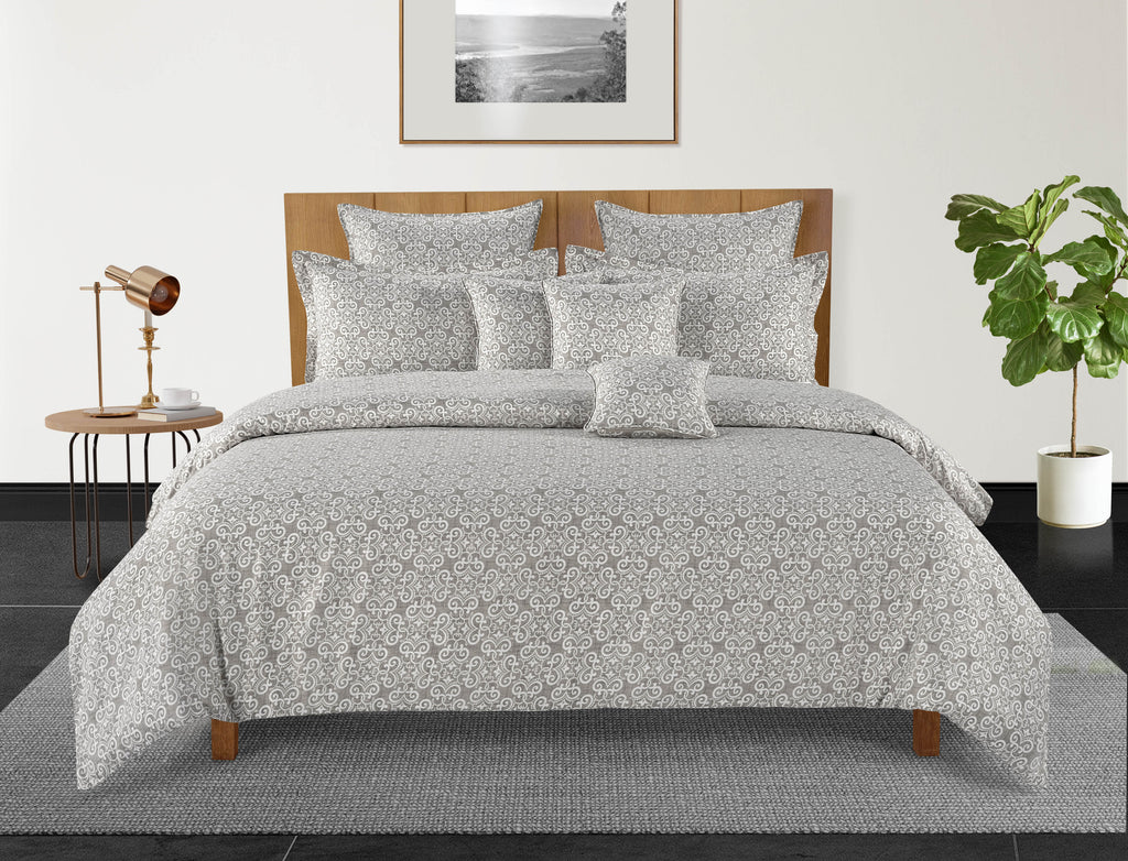 Ornamental Swirl Grey 210 TC Pure Cotton King Fitted Bedsheet with 2 Pillow Covers (72 x 78 x 10 Inches)