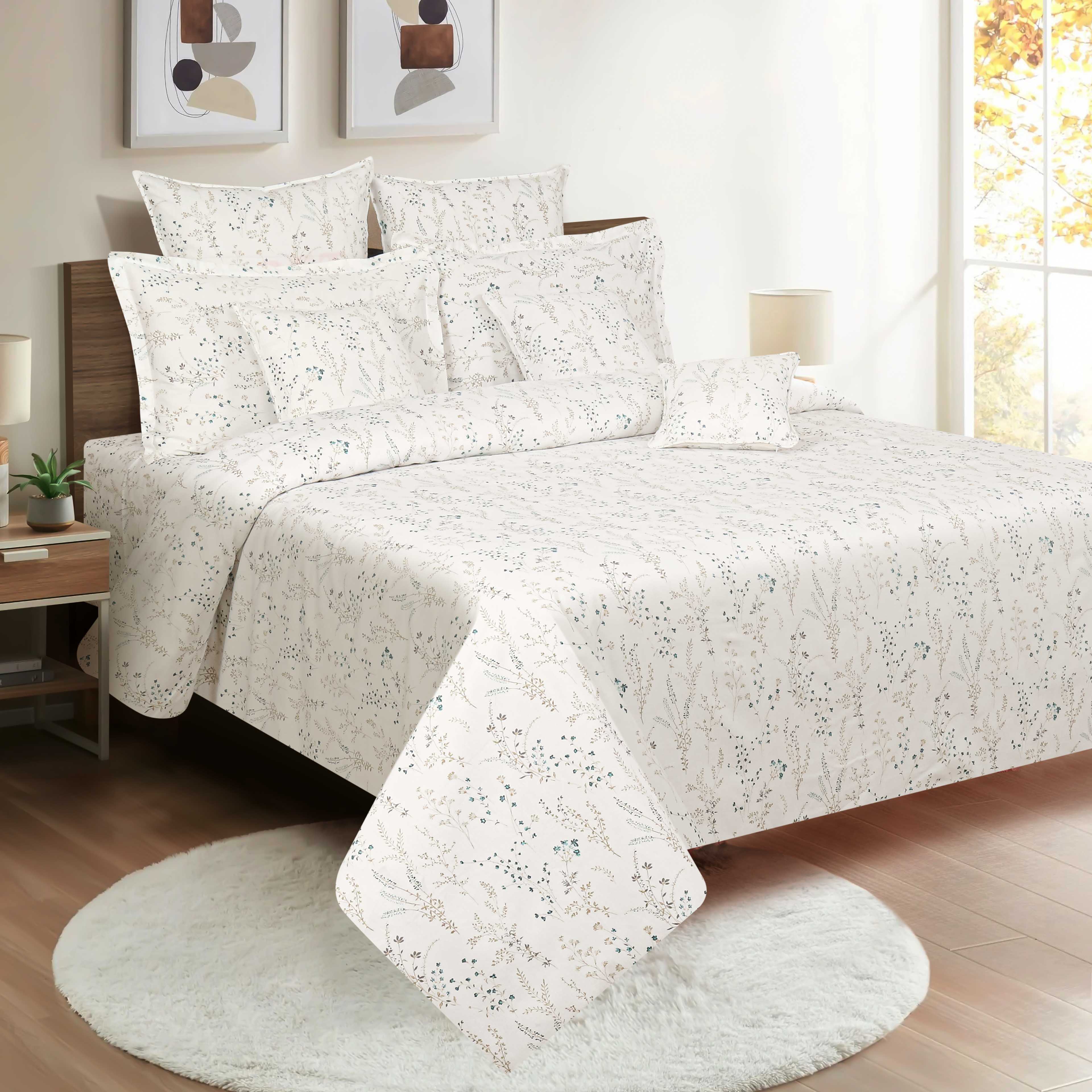 Minimal Botanical Off White 210 TC Pure Cotton King Fitted Bedsheet with 2 Pillow Covers (72 x 78 x 10 Inches)