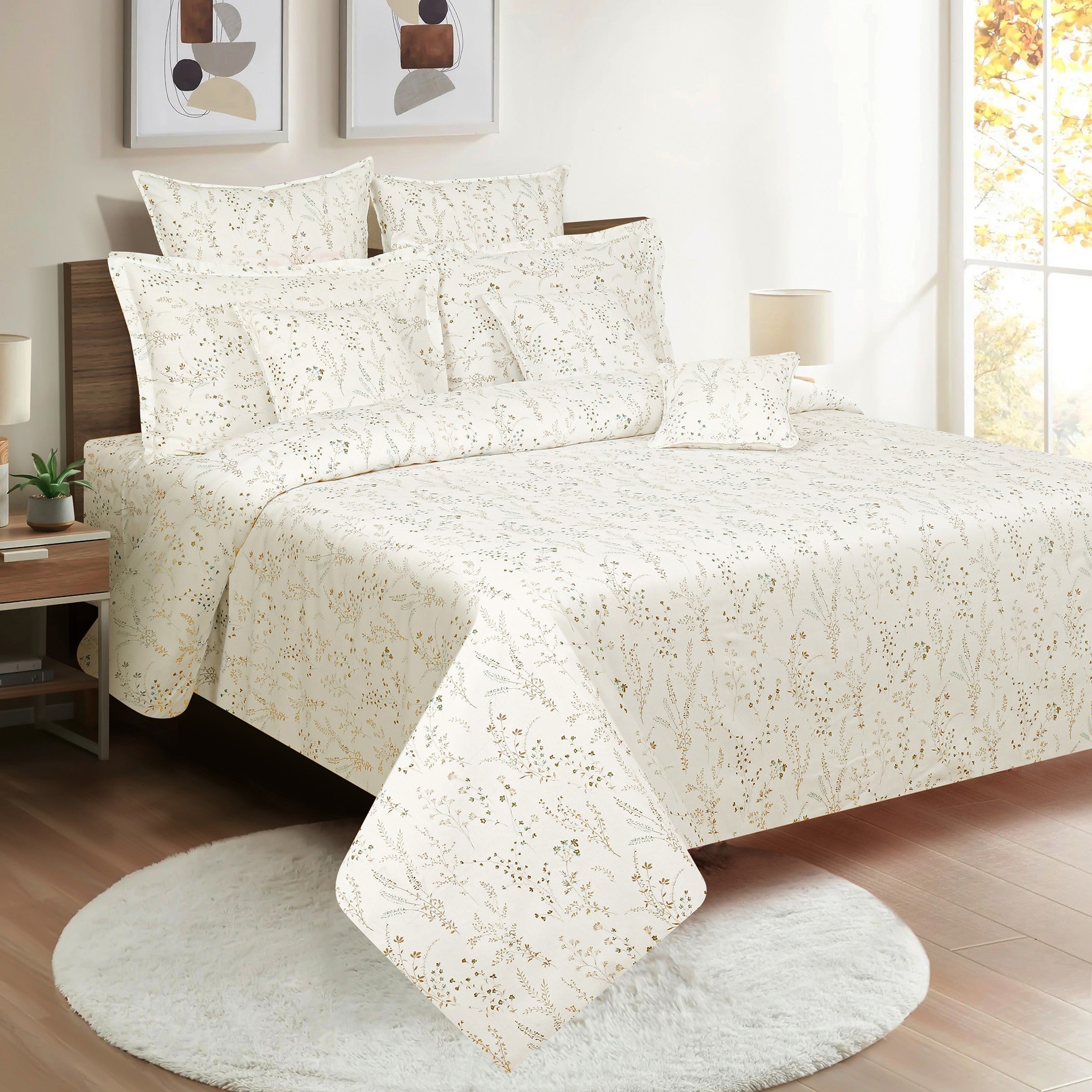 Elegant Ivory Botanical Pure Cotton 210 TC King Fitted Bedsheet with 2 Pillow Covers (72x78x10 Inches)